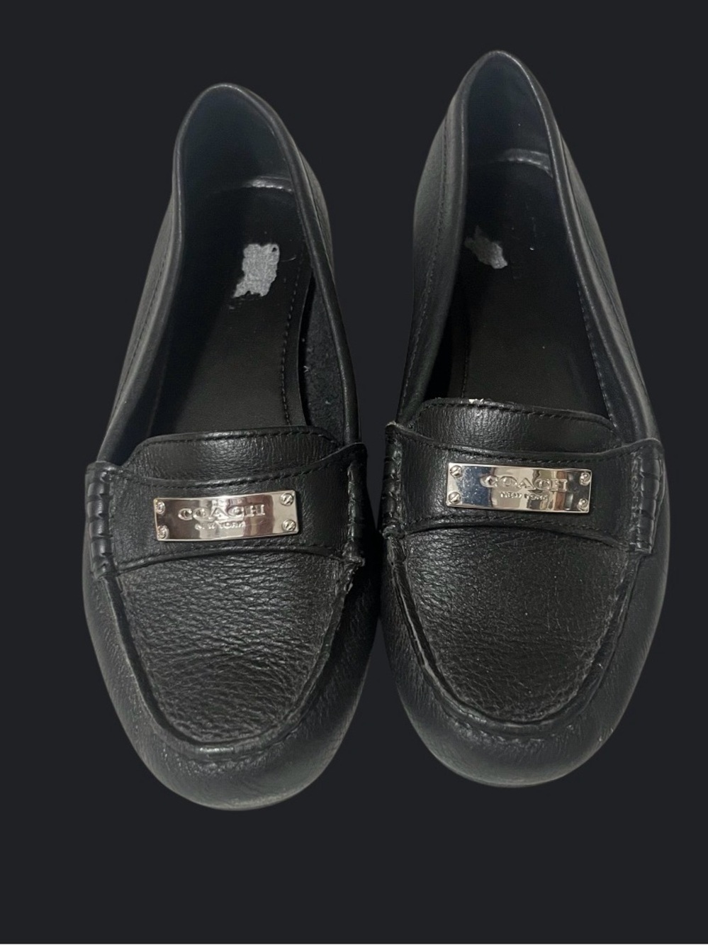 Coach Black Leather Penny Loafers with Silver Plaque - Women's
